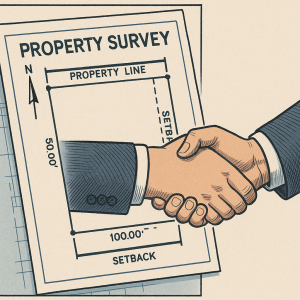 Blueprint with survey document and handshake representing agreement on property boundaries