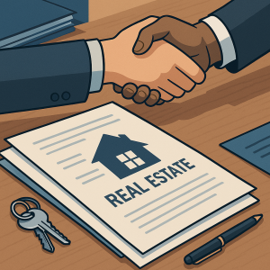 Real estate documents and handshake representing property transactions