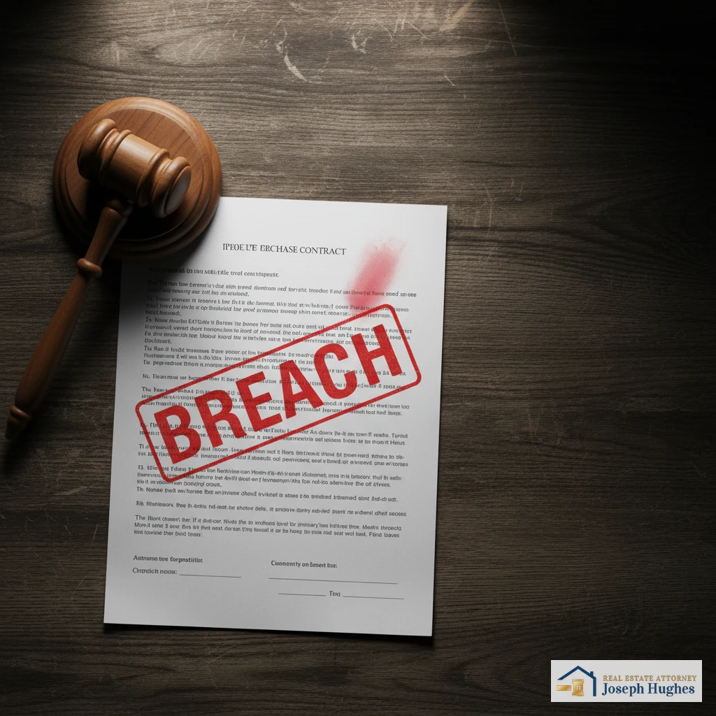 Real estate contract with breach stamp and gavel — breach of contract Florida real estate