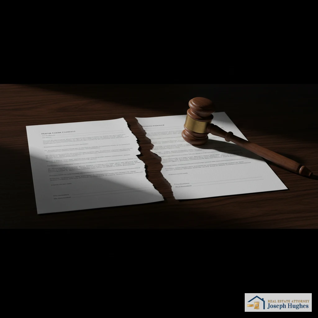 Real estate contract torn in half with gavel — breach of real estate contract Florida Hughes Real Estate Law