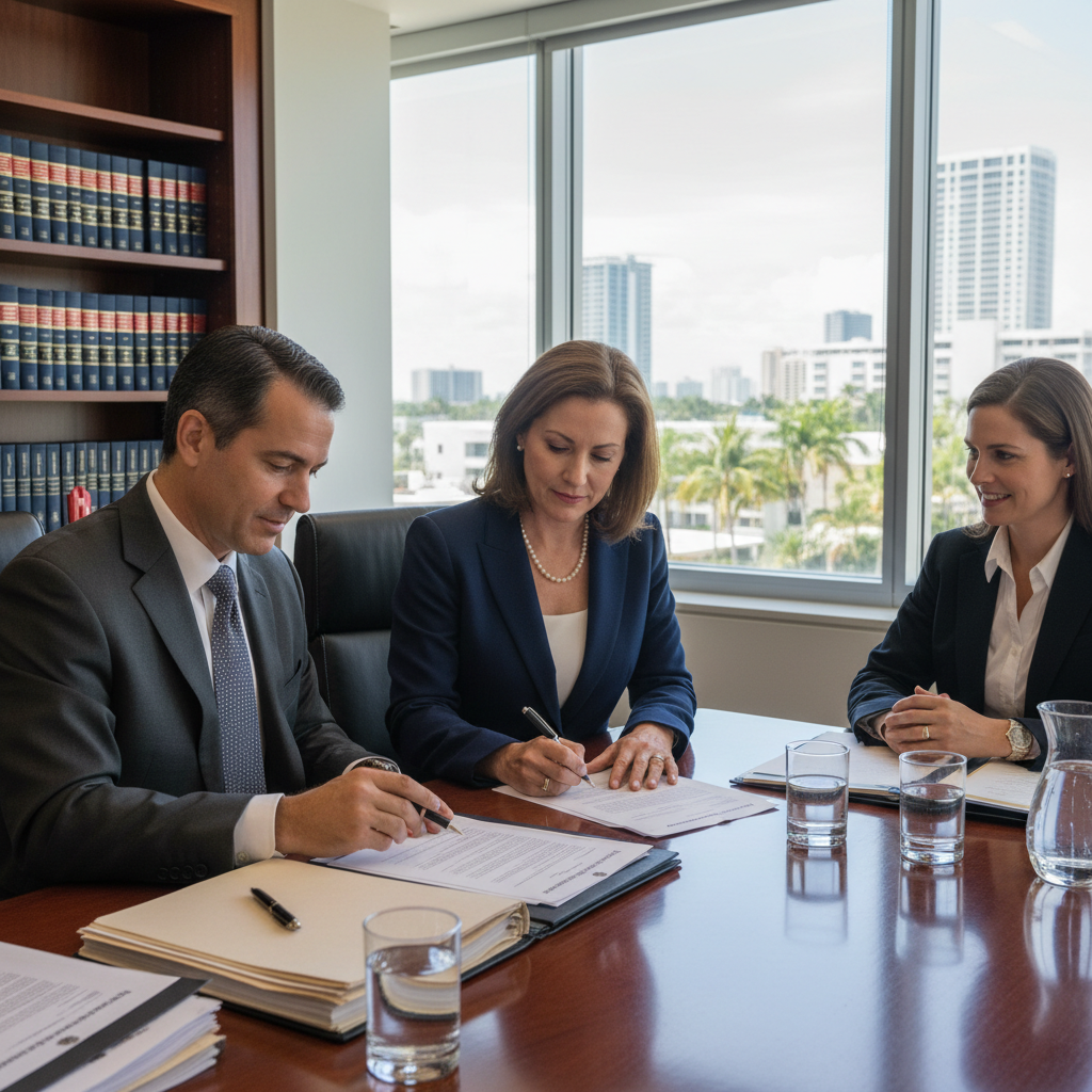 Buyer representation attorney at Fort Lauderdale closing table reviewing purchase agreement with client