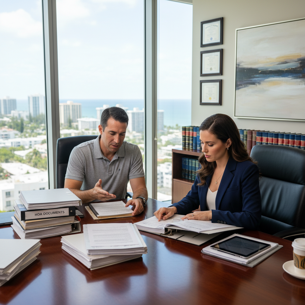Fort Lauderdale condo association dispute attorney reviewing HOA documents with homeowner client
