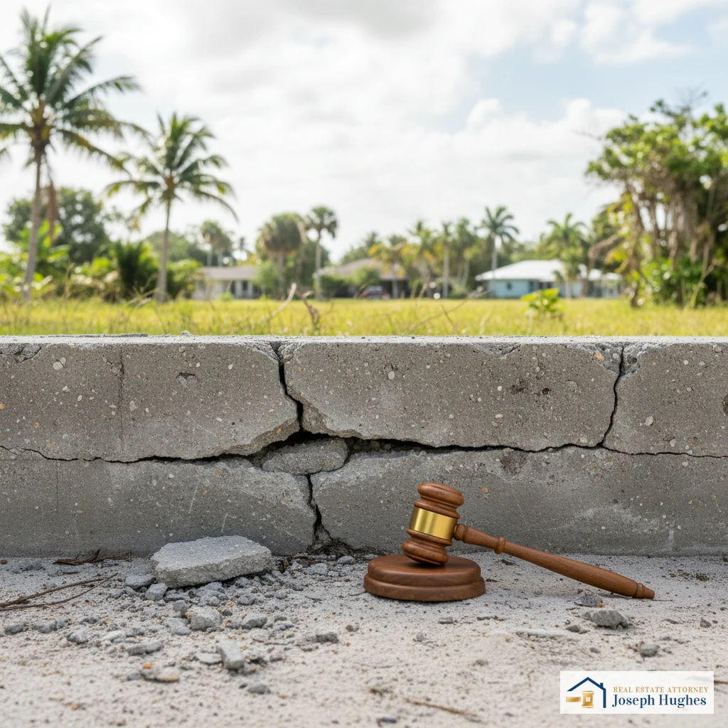 Cracked foundation wall with gavel — construction defect claims Florida Hughes Real Estate Law