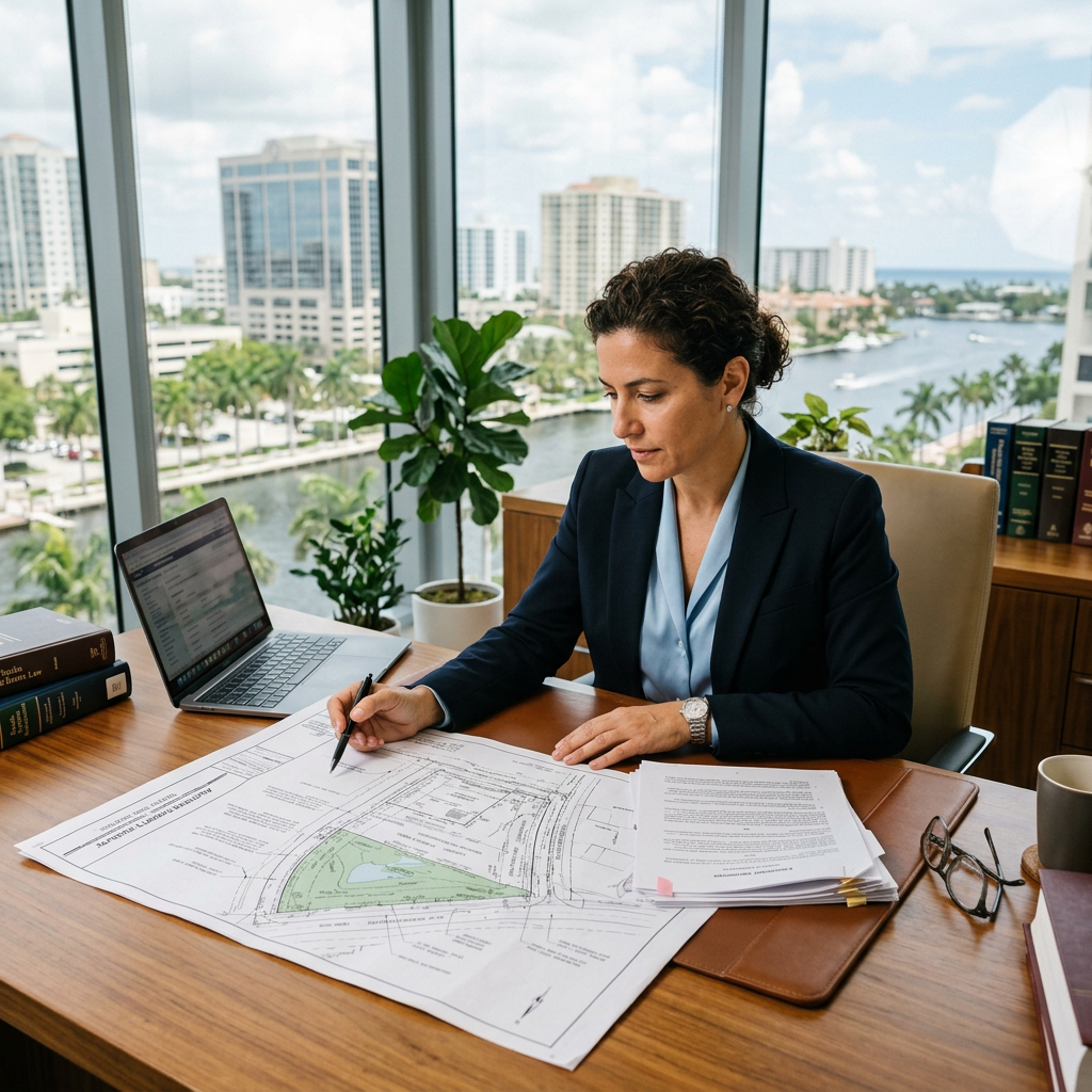 Fort Lauderdale easement attorney reviewing property survey and easement documents at law office desk
