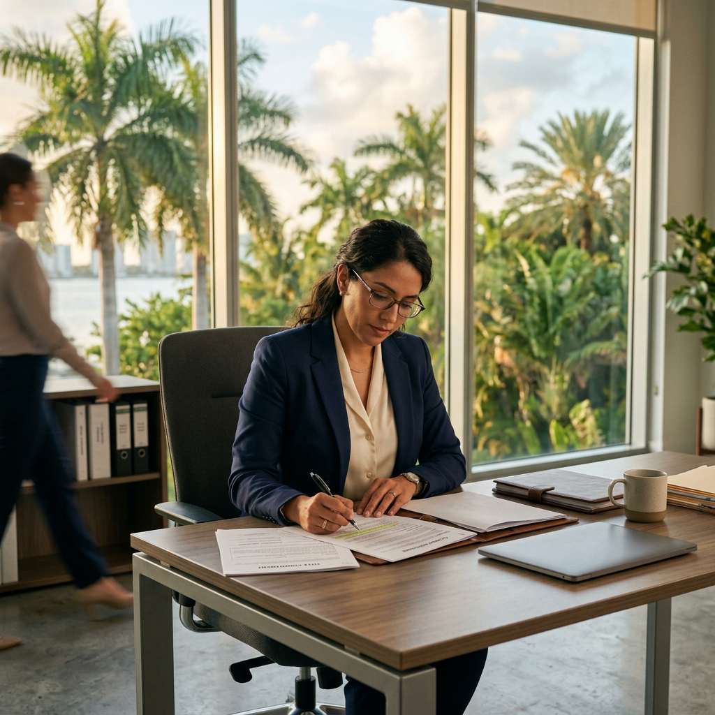 Florida real estate attorney Joseph Hughes reviewing property documents at Fort Lauderdale office