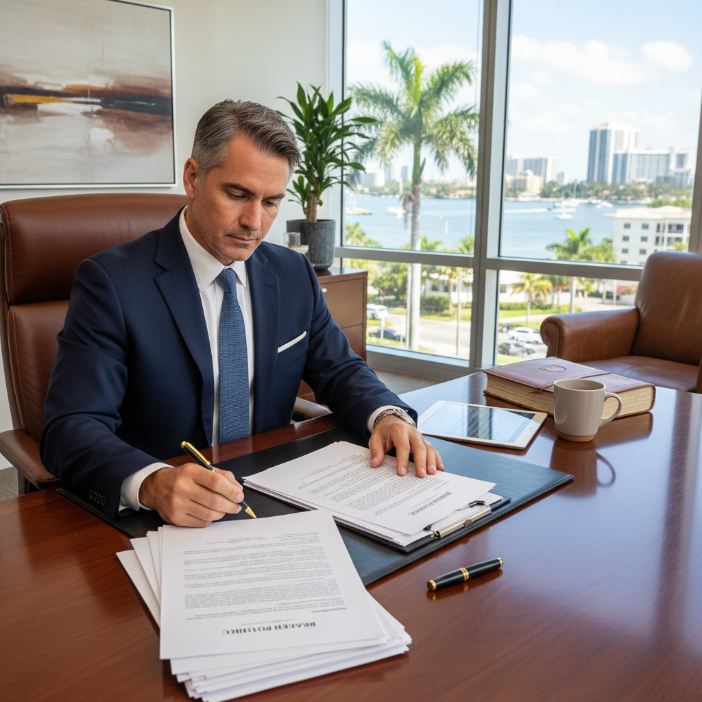 Fort Lauderdale breach of sale attorney reviewing real estate contract documents at law office desk