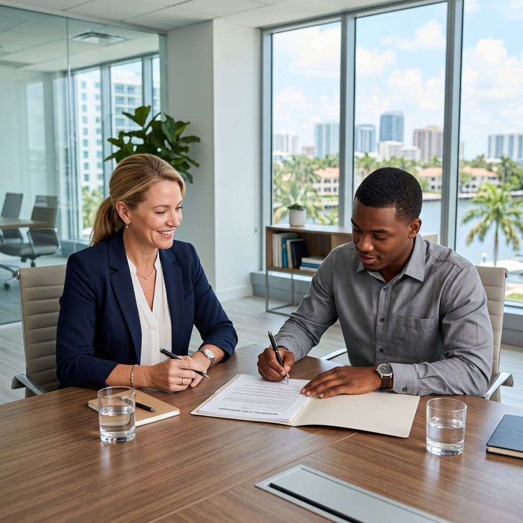 Landlord and tenant signing a residential lease agreement at a Fort Lauderdale real estate law office