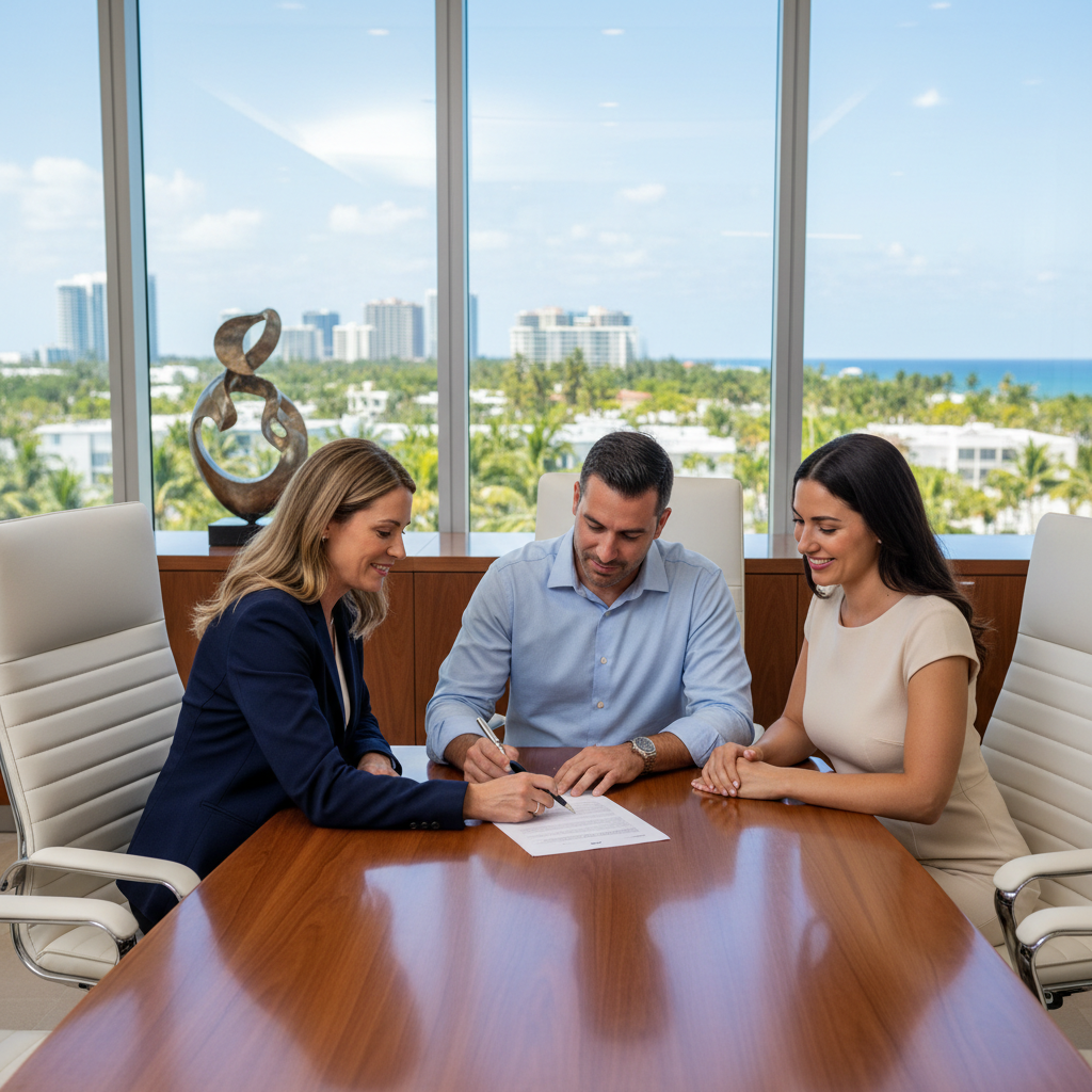 Attorney and clients signing a Fort Lauderdale purchase and sale agreement at a real estate law office