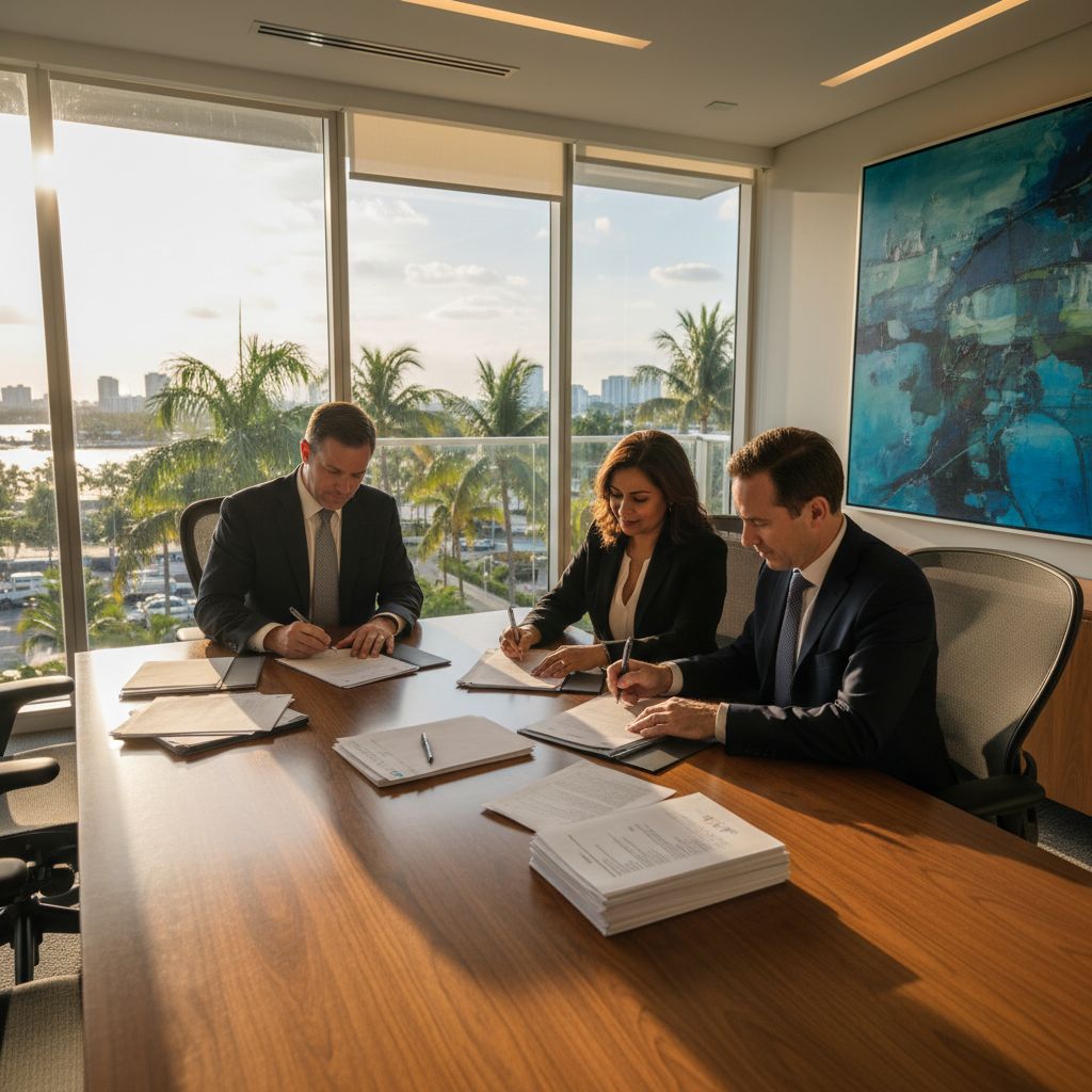 Real estate closing attorney in Fort Lauderdale Florida with clients signing closing documents