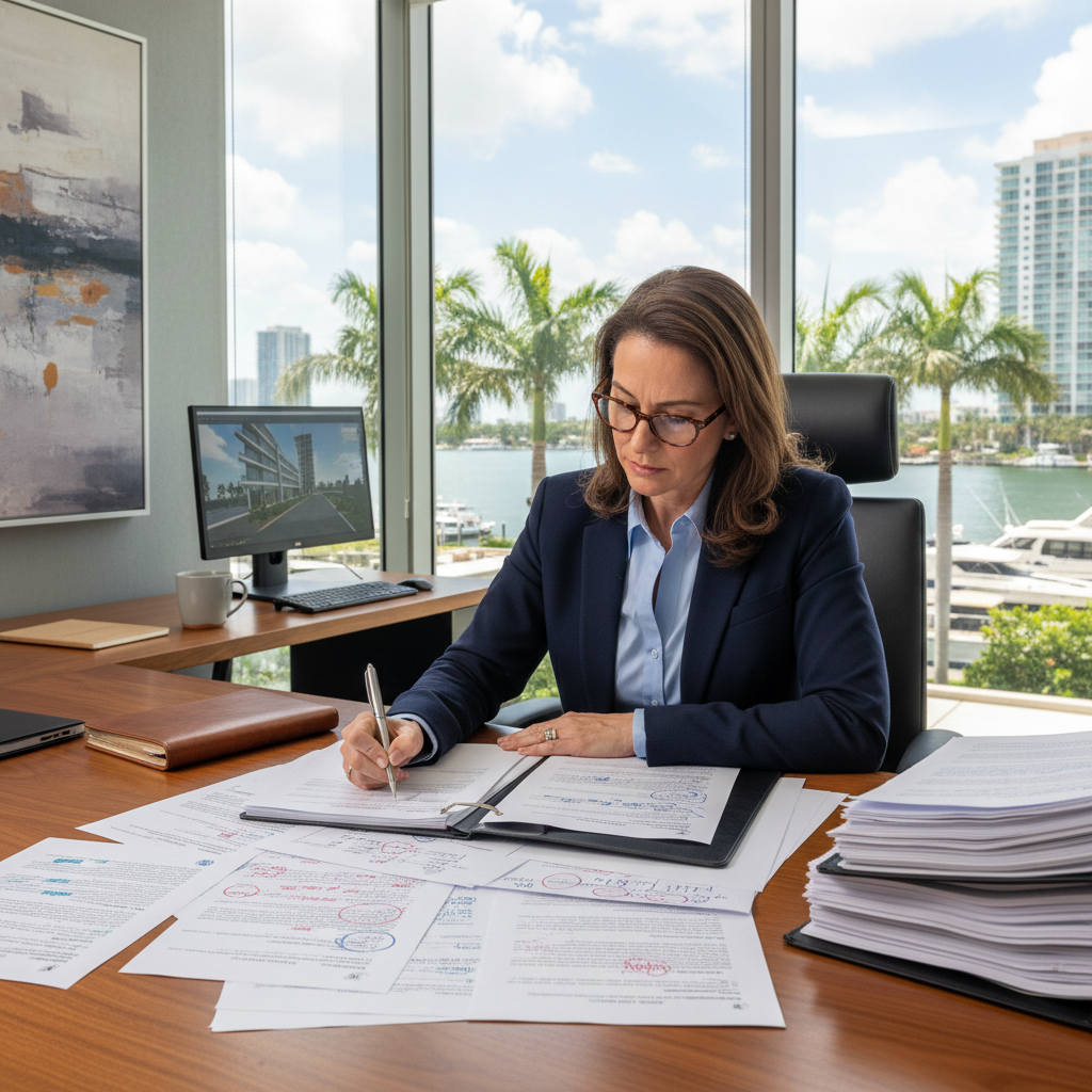 Fort Lauderdale real estate contracts attorney reviewing and annotating purchase agreement at law office