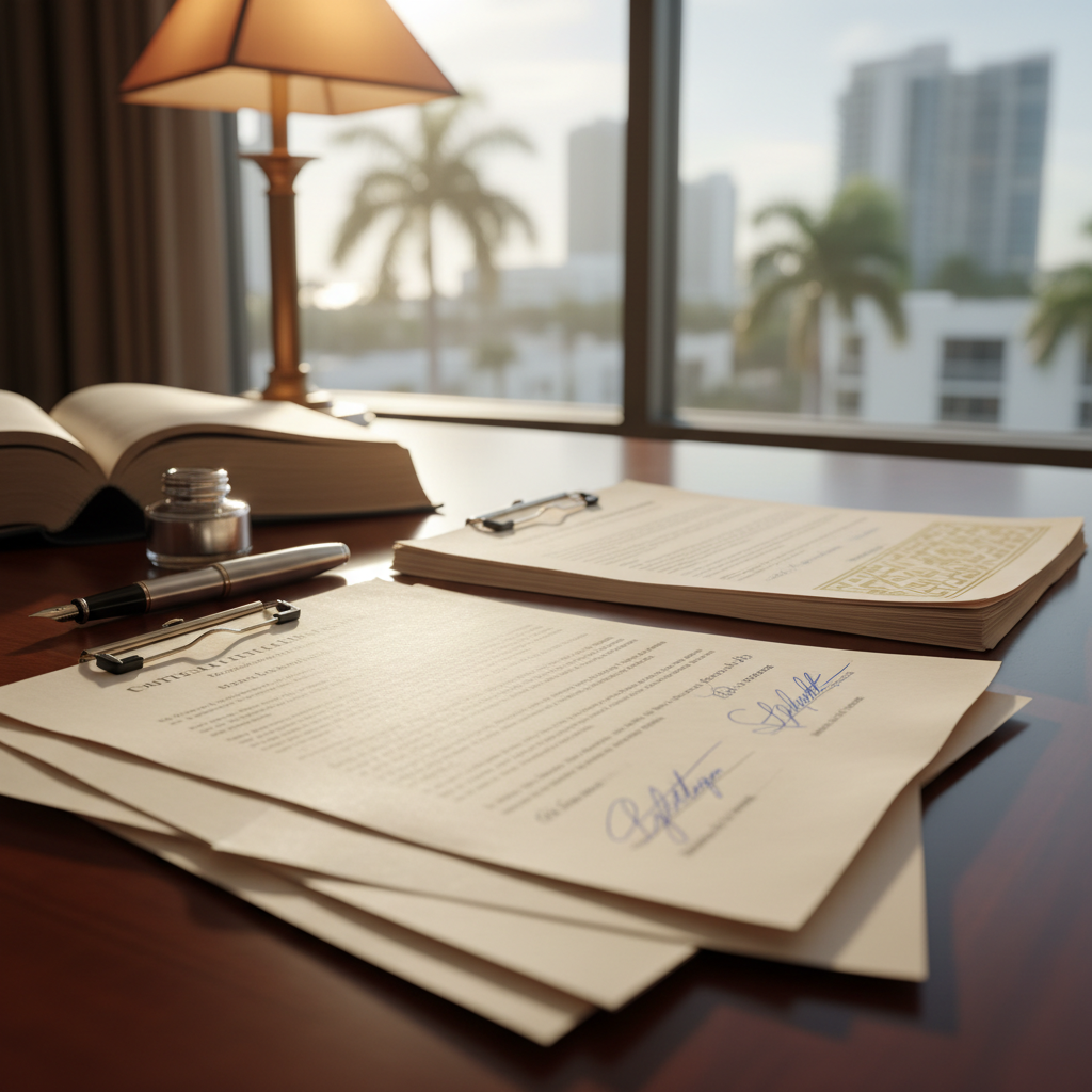 Real estate title insurance documents and escrow paperwork at a Fort Lauderdale attorney office