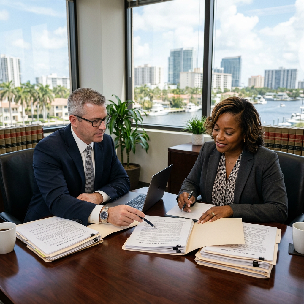 Fort Lauderdale landlord attorney reviewing rental property documents with property owner client