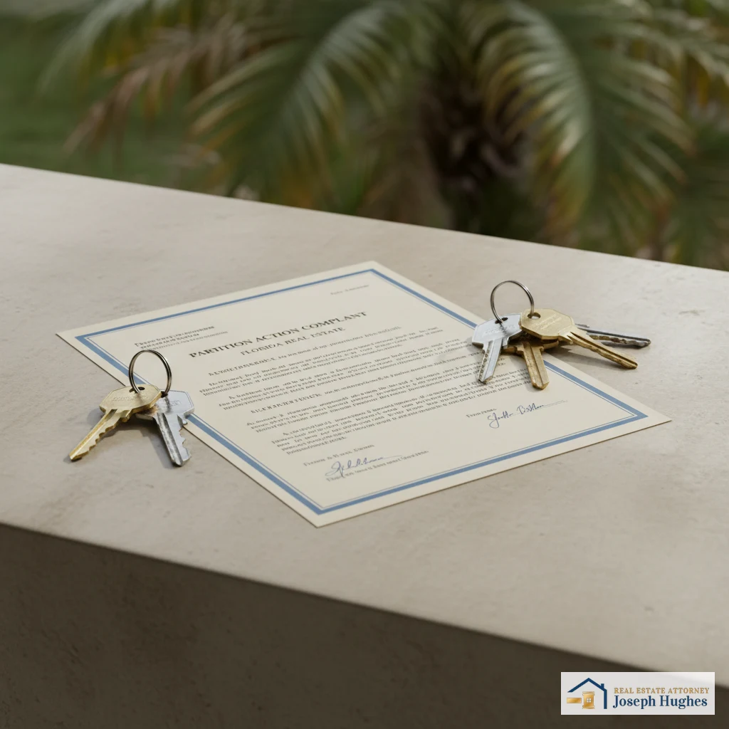 Two house keys with legal contract — partition action Florida property dispute