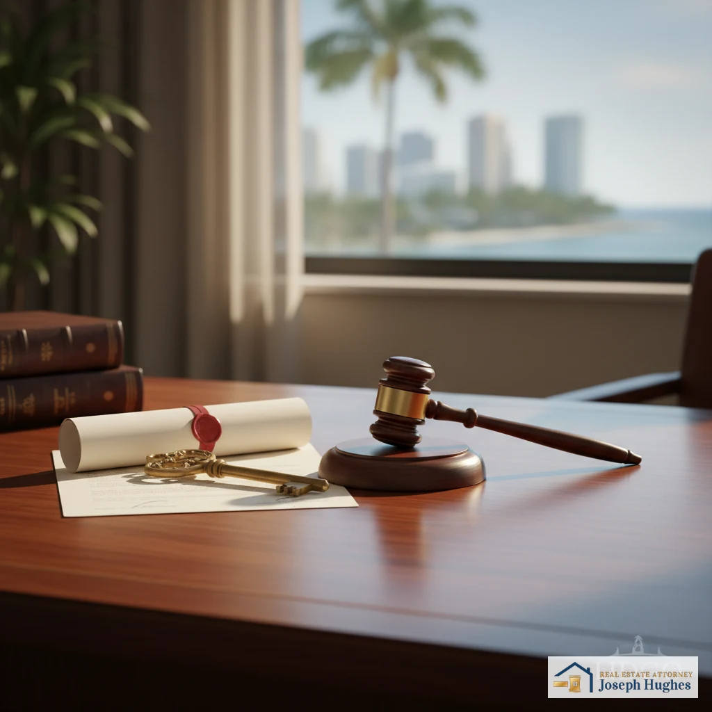 Property deed and house key with gavel on desk — real estate attorney Fort Lauderdale Florida