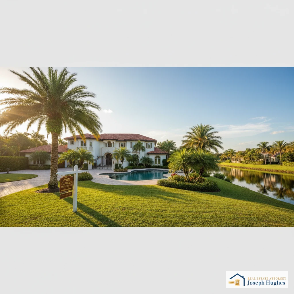 Florida luxury home with For Sale sign and palm tree — Fort Lauderdale real estate attorney