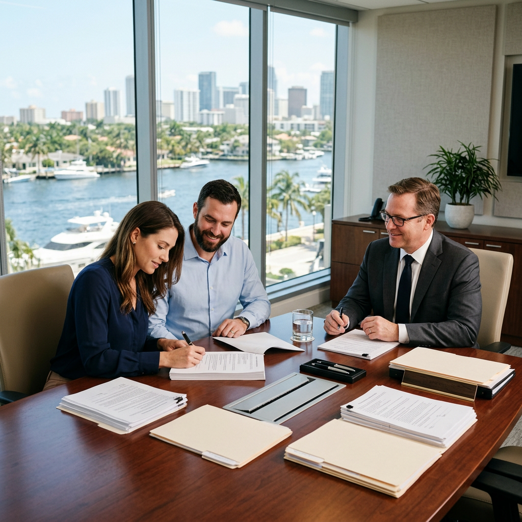 Real Estate Closing Attorney Fort Lauderdale | Hughes Real Estate Law 1 Real estate closing attorney with buyers signing documents at Fort Lauderdale closing table
