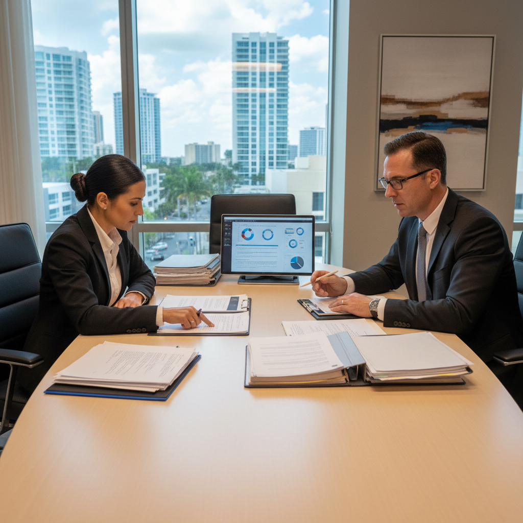 Real estate transaction dispute attorney in Fort Lauderdale Florida reviewing documents with clients