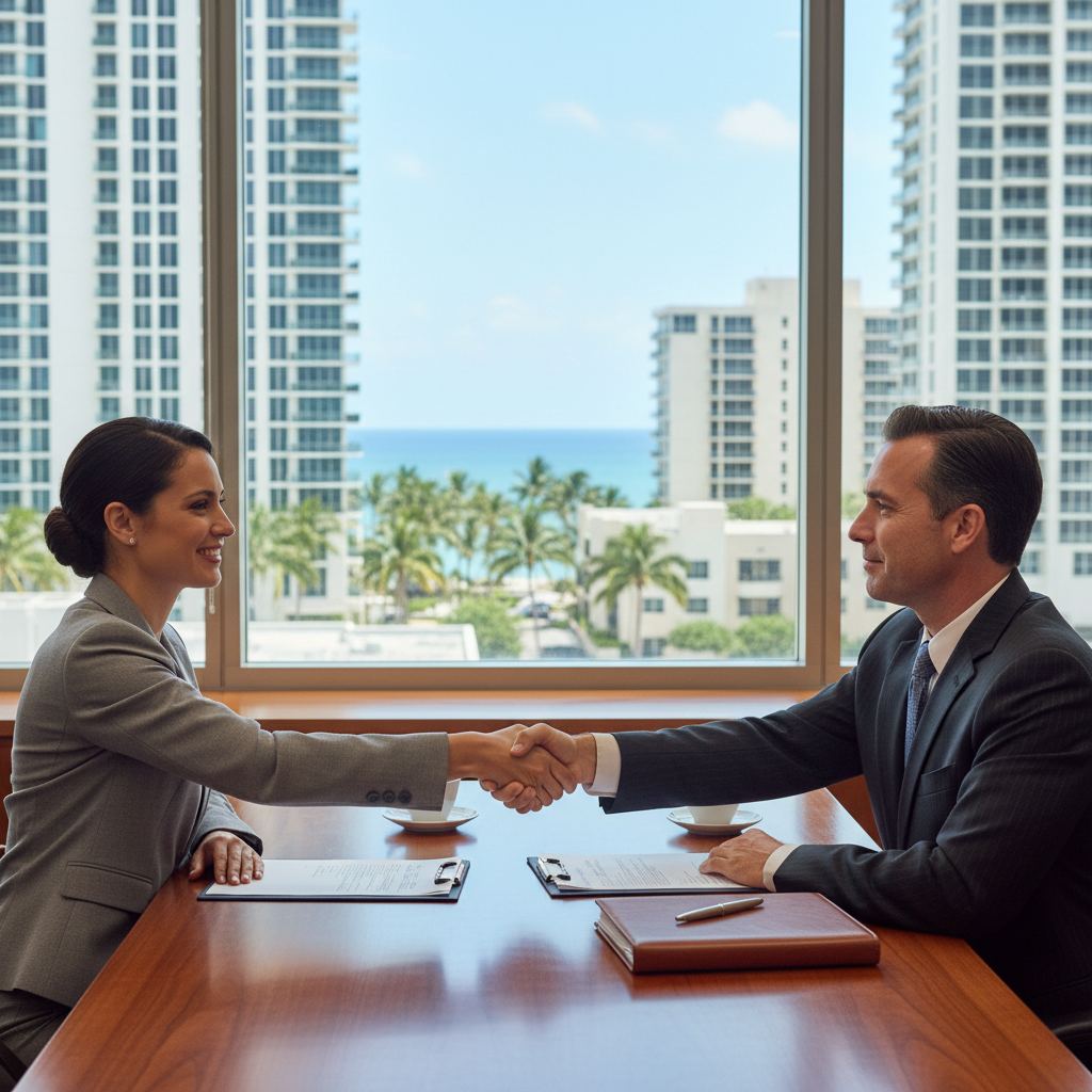 Seller Representation Attorney Fort Lauderdale | Hughes Real Estate Law 1 Fort Lauderdale seller representation attorney and client shaking hands after successful property closing