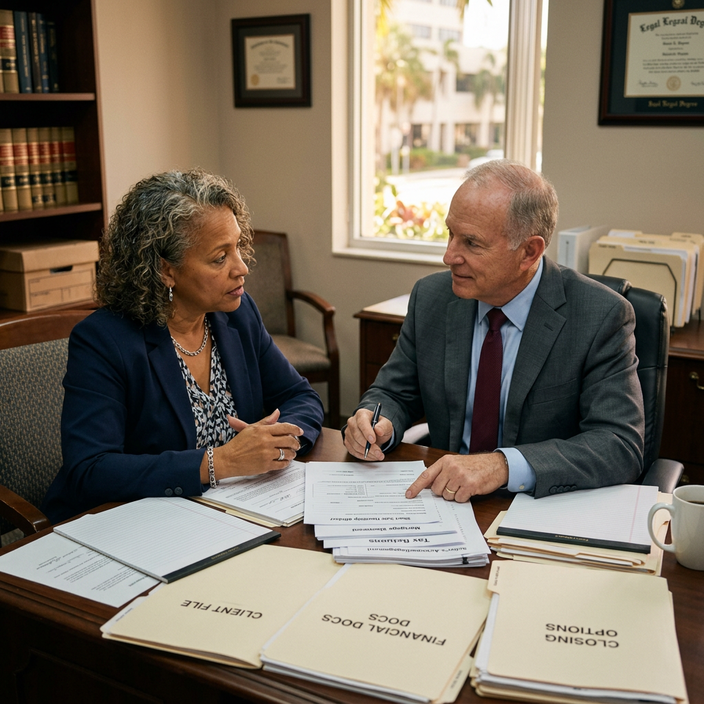 Short Sale Attorney Fort Lauderdale | Hughes Real Estate Law 1 Fort Lauderdale short sale attorney discussing options with homeowner client at professional law office