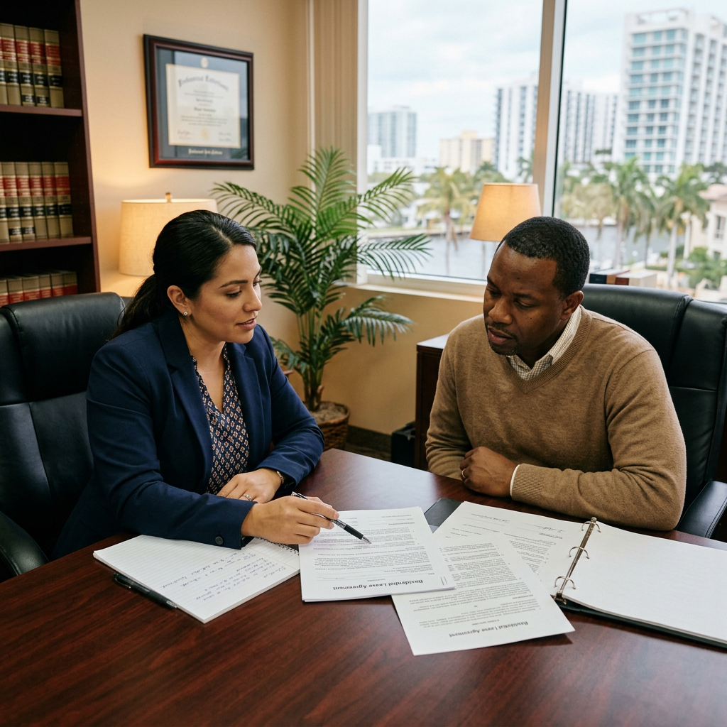 Tenant Attorney Fort Lauderdale | Hughes Real Estate Law 1 Fort Lauderdale tenant rights attorney reviewing lease documents with tenant client at law office