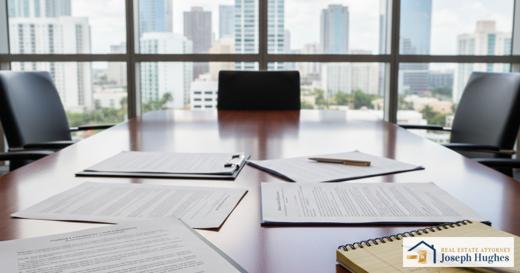 Florida commercial lease agreement and property contracts on conference table