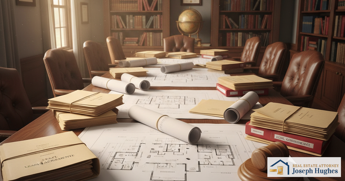 Commercial Real Estate Disputes Florida: Expert Legal Representation for Property Conflicts 5 Commercial property blueprints and lease dispute files on conference table Florida