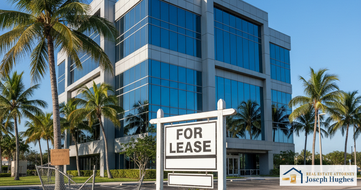Florida commercial office building exterior with for lease sign Fort Lauderdale