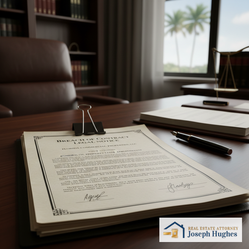 Florida commercial lease agreement with breach of contract notice on law office desk