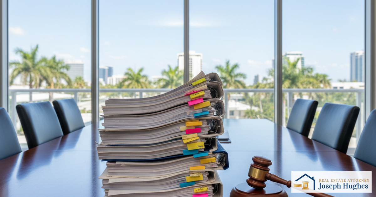 Florida commercial property contracts and dispute files with gavel on conference table