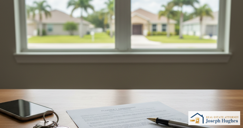 Florida residential lease agreement document with house keys on desk