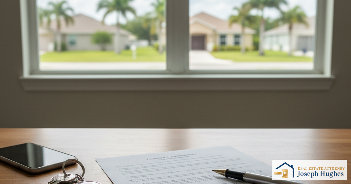 Florida residential lease agreement document with house keys on desk