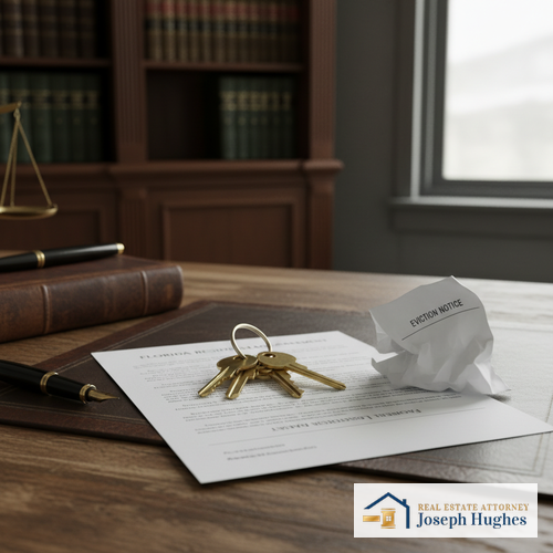 House keys on Florida residential lease agreement eviction notice desk