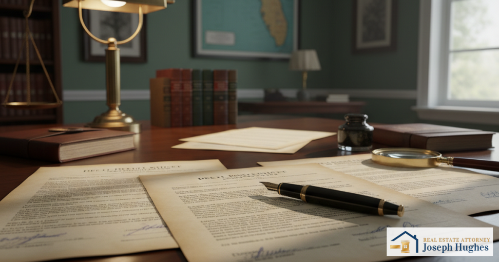 Florida property deed and real estate contract documents on desk Fort Lauderdale