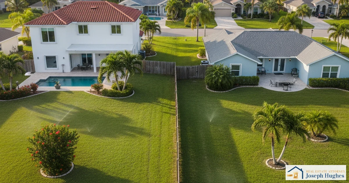 property line encroachment Florida — aerial view of two adjacent Florida residential properties with a fence boundary line