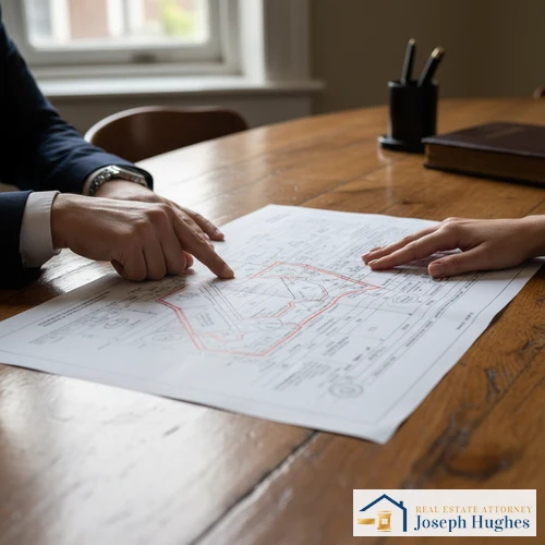 property line encroachment Florida — two hands reviewing a property boundary diagram document at a desk