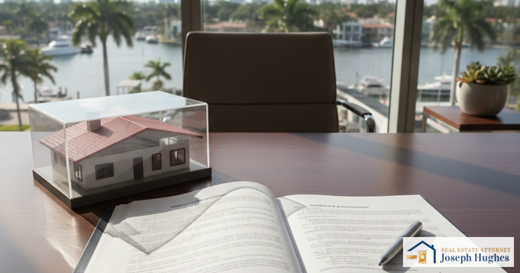 Florida real estate purchase agreement with model house and pen on desk