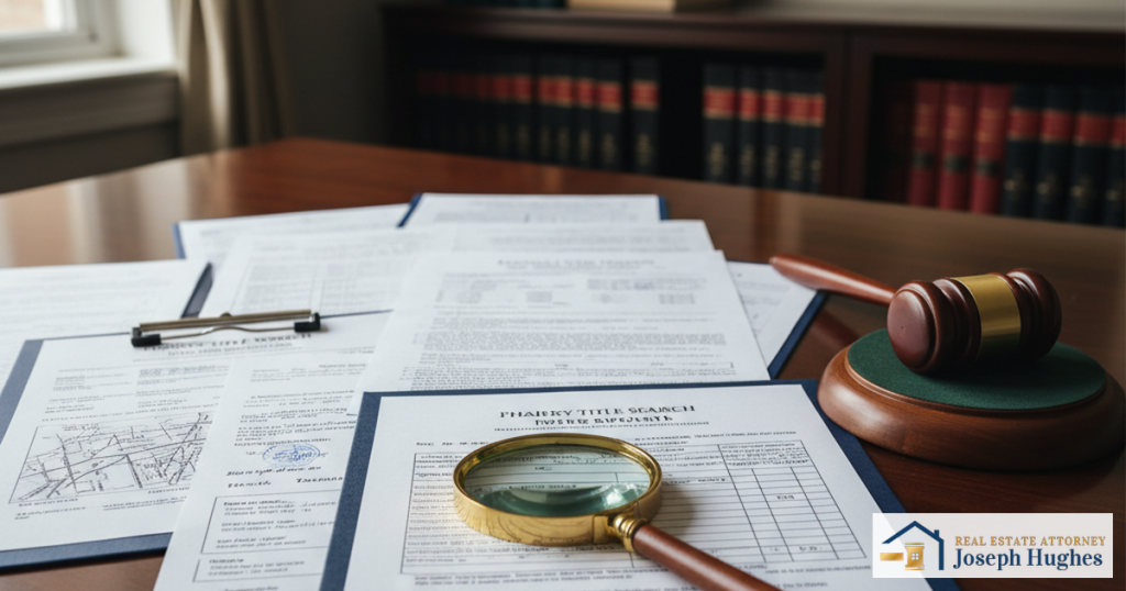 Florida property title search documents magnifying glass and gavel on law office desk