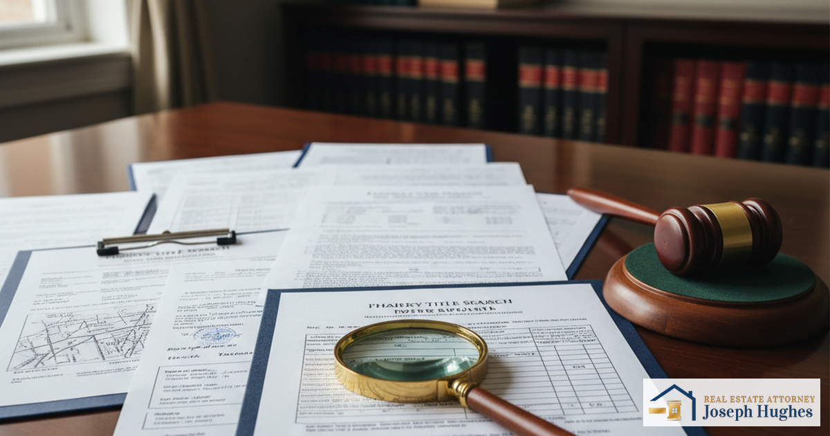 Title Dispute Attorney in Fort Lauderdale: Protect Your Property Rights 1 Florida property title search documents magnifying glass and gavel on law office desk
