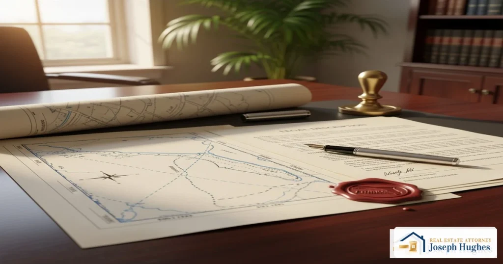 Florida easement law — property deed documents and survey map on legal desk