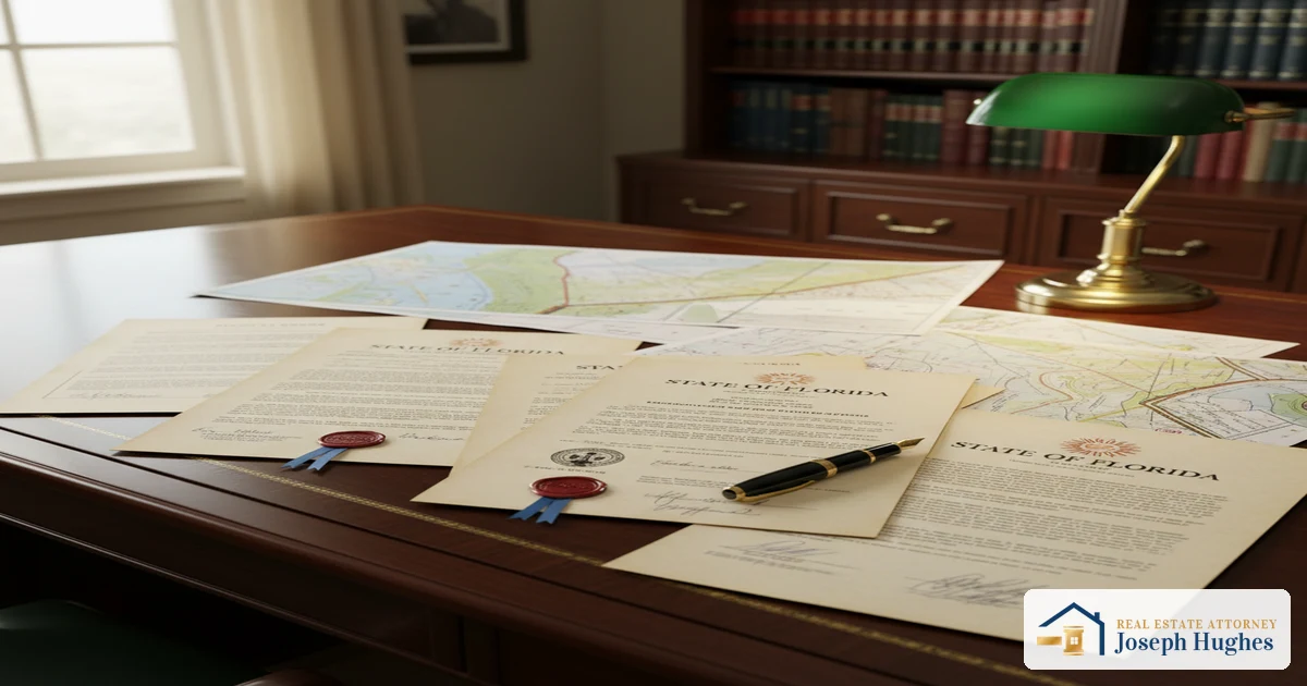 Florida title dispute attorney — property deed documents and title certificates on legal desk