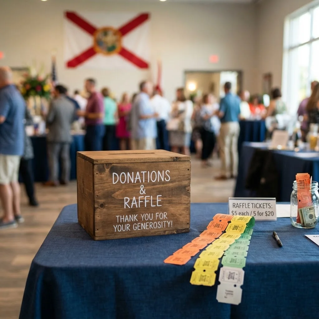 Are Raffles Legal in Florida? 1 Raffle tickets and donation box at a charity event representing legal raffle requirements in Florida
