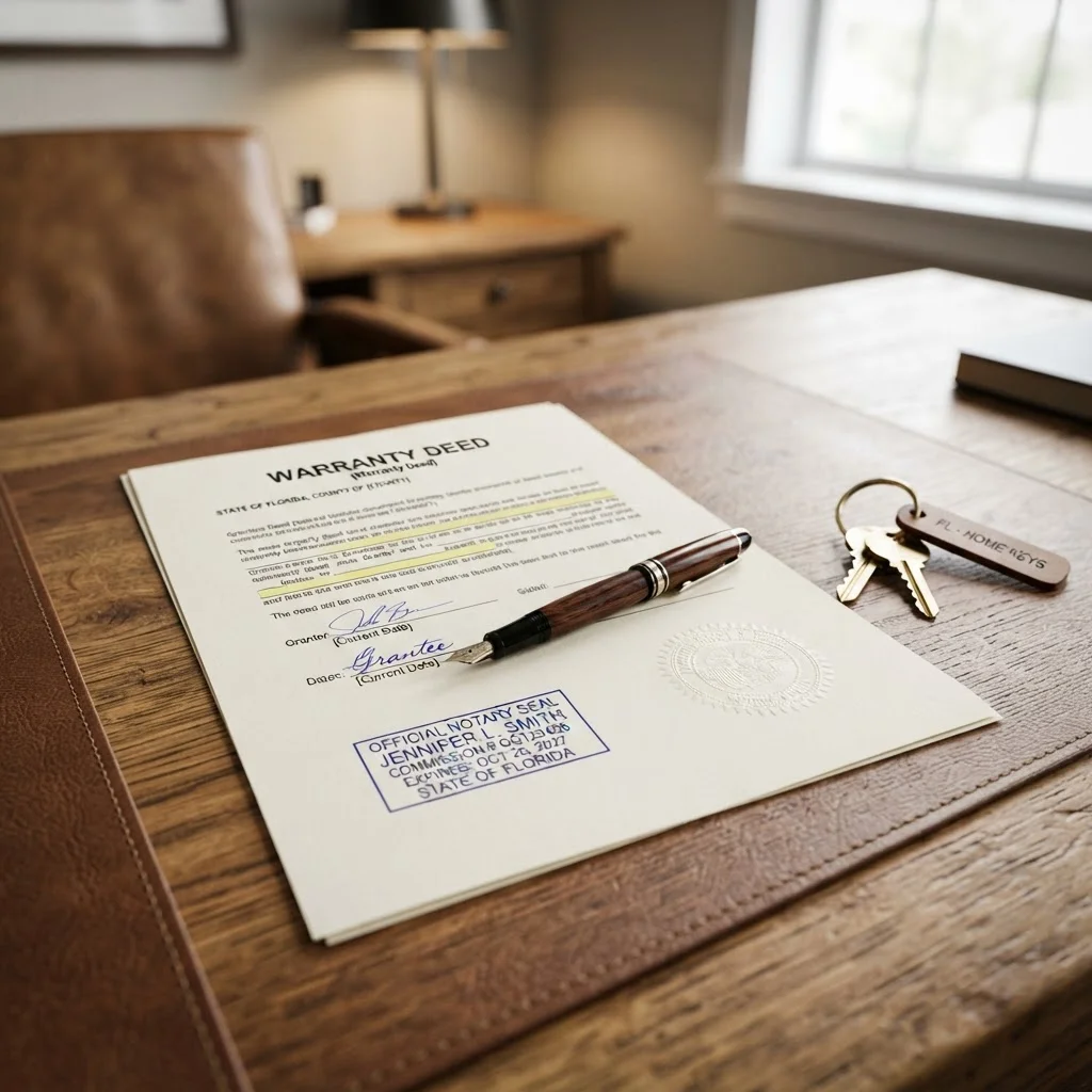 Deed in Real Estate 1 Florida property deed document with notary stamp and seal representing real estate ownership transfer