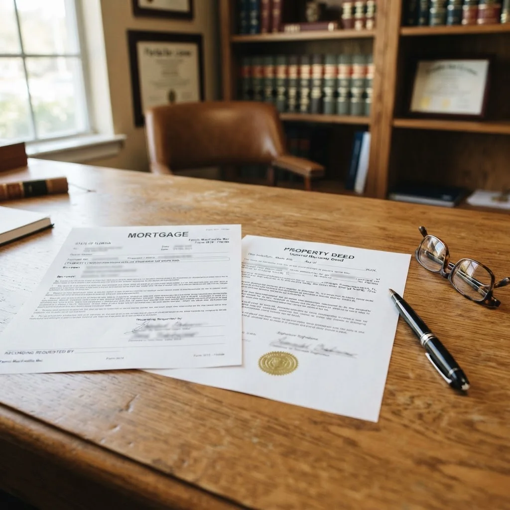 Florida lien theory mortgage documents and property deed on desk