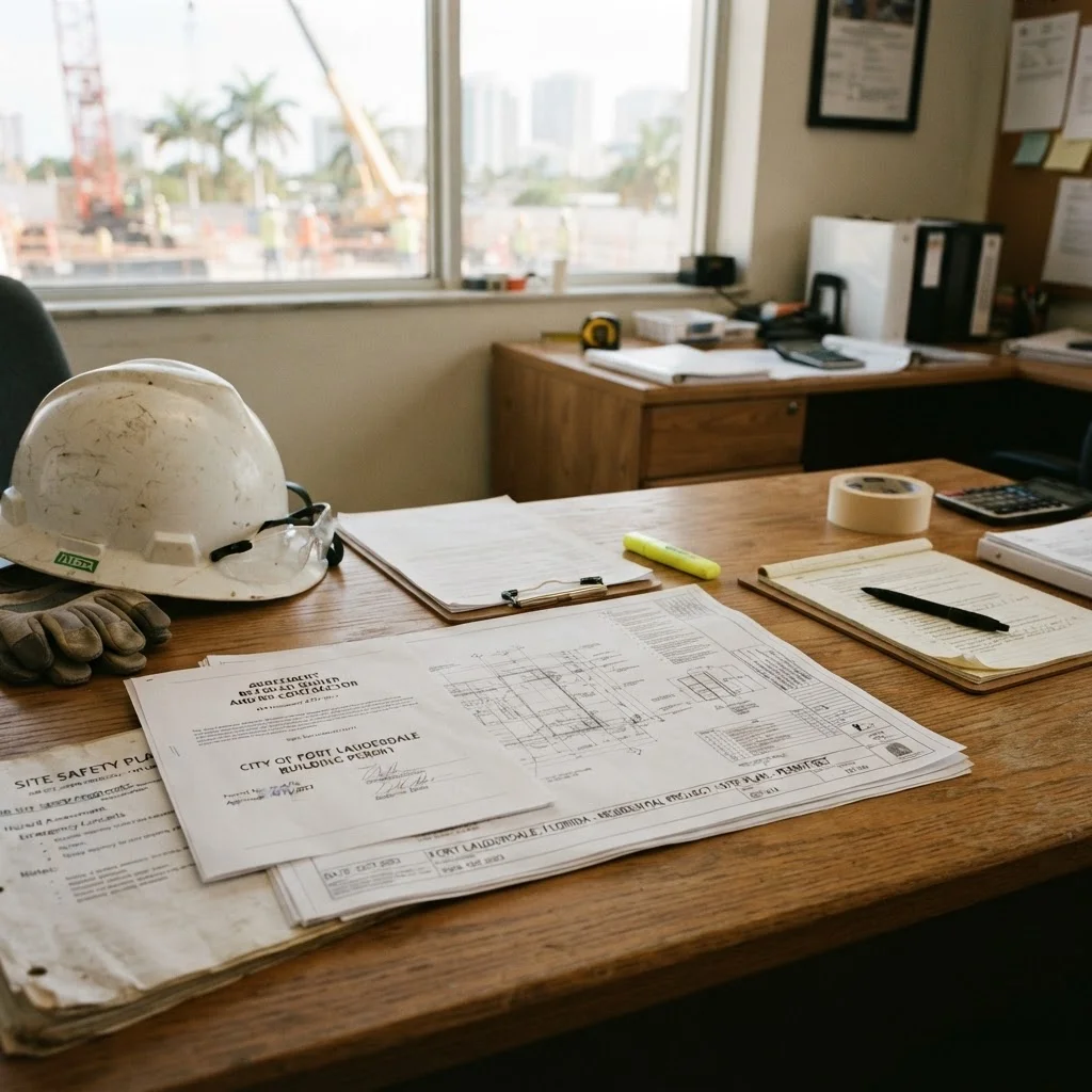 Fort Lauderdale general contractor liability documents and building permits on desk