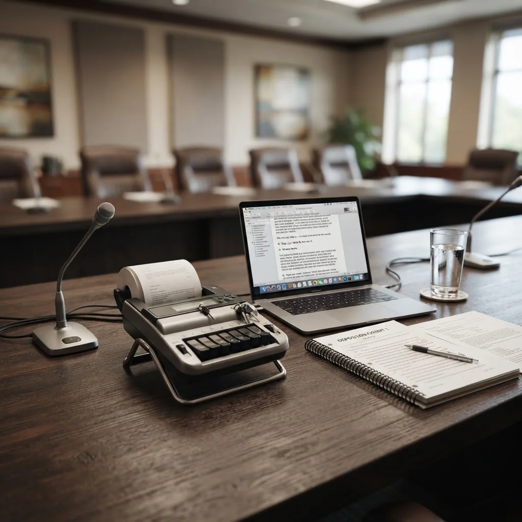 Conference room set up for a legal deposition with stenography equipment and legal documents in Florida