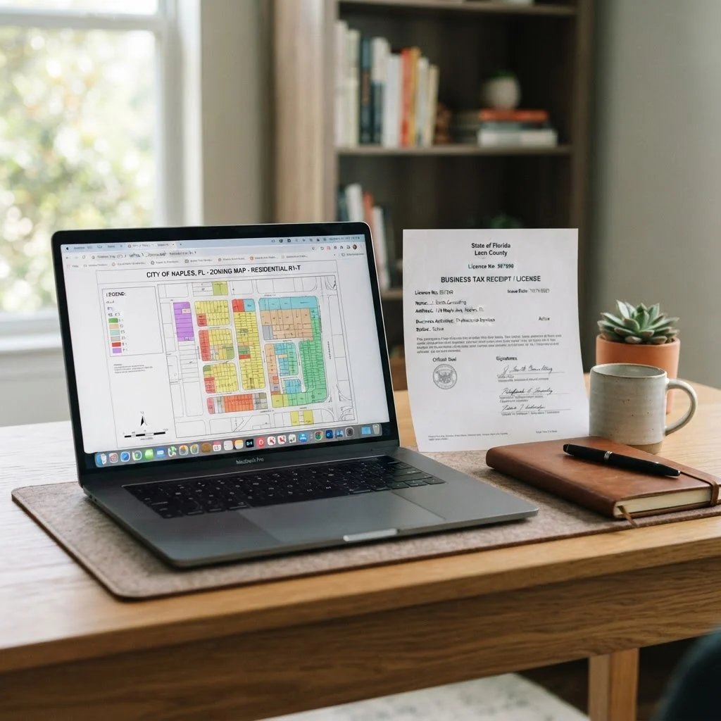 Can You Run a Business From Home in Florida? 1 Home office desk with business license and zoning map for running a business from home in Florida