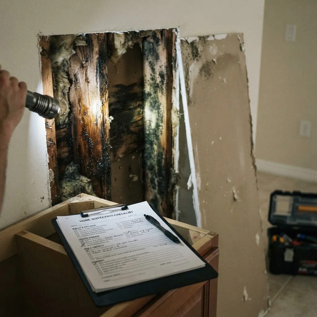 Home inspection revealing hidden water damage and mold behind a wall in a Florida property