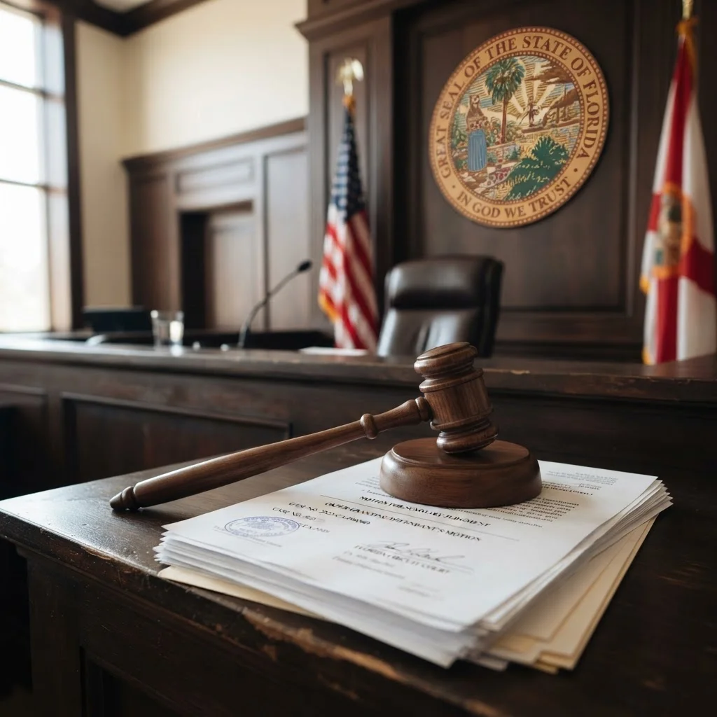 Judge's gavel resting on motion filings and legal documents in a Florida courtroom