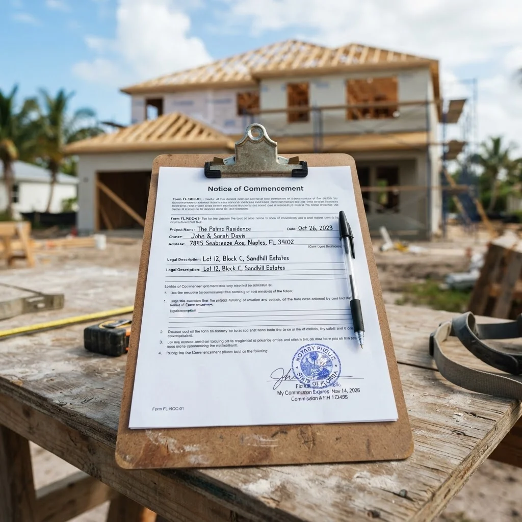 Notice of Commencement legal document with notary stamp at a Florida construction site
