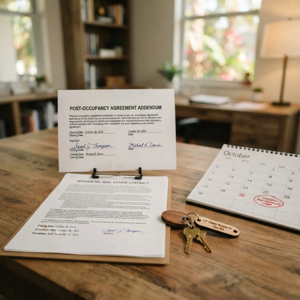 Post Occupancy Agreement Florida 1 Signed real estate contract with house keys and calendar representing a post-occupancy agreement in Florida